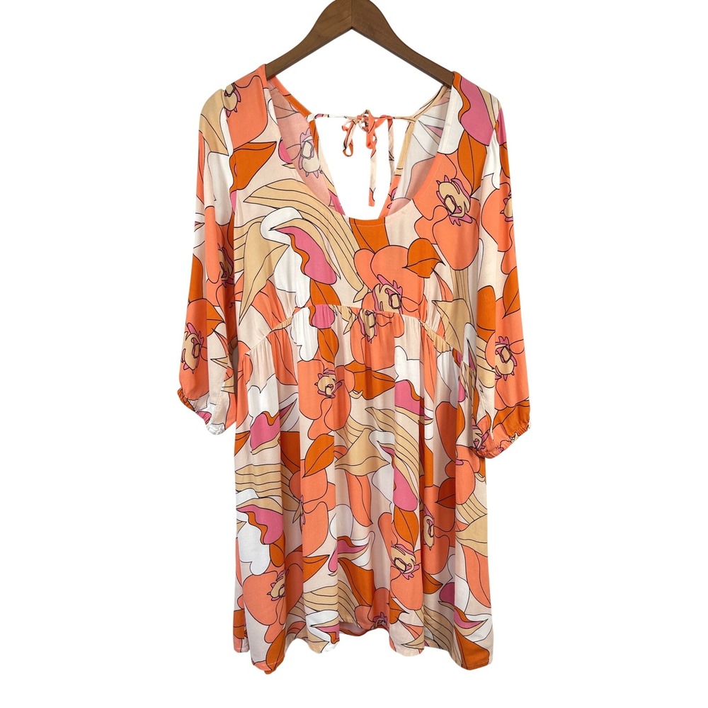 Ava Sky Empire Waist Floral Mini Dress L Orange Pink Honolulu Retro Boho Vacay